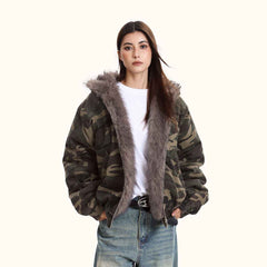 Women's Hooded Camouflage Fleece-Lined Jacket – Warm Outdoor Outerwear
