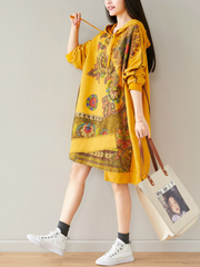 Women's Fashionable Printed Side Pockets Hoodie Dress