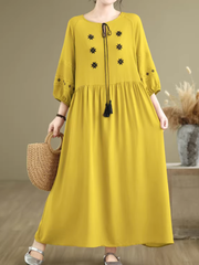 Embroidered Cotton-Linen Boho Maxi Dress with Tassel Tie Neck Detail