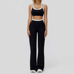 Women's Contrast Sports Bra & Leggings or Wide-Leg Flared Pants Set – Active Workout Set