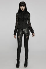 Black Floral Hollow Slim Faux Leather Women's Gothic Leggings