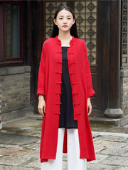 Elegant Cotton-Linen Mandarin Collar Midi Tunic Dress with Frog Buttons