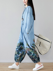 Loose Fit Floral Denim Jumpsuit for Women - Balloon Leg Style