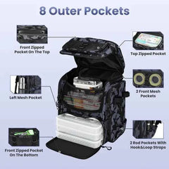 42L Fishing Tackle Backpack with Rod Holders – 16 Pockets, Divider, Water-Resistant, Camo