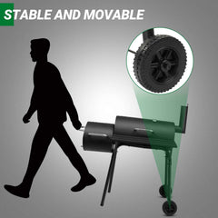 Barrel Charcoal Grill with Offset Smoker – Enamel Rack, Built-In Thermometer, Side Shelf & Wheels
