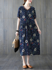 Beautiful summer floral cotton and linen Smock slim dress Women's Fit