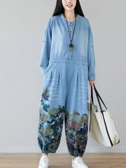 Loose Fit Floral Denim Jumpsuit for Women - Balloon Leg Style