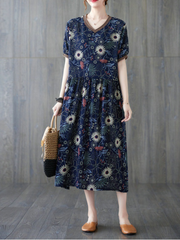 Beautiful summer floral cotton and linen Smock slim dress Women's Fit