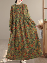 Artful Floral Cotton Boho Maxi Dress with Pintucks and Long Sleeves
