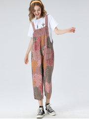 Tropical Leaf Cotton Dungarees - Ankle-Length Overalls