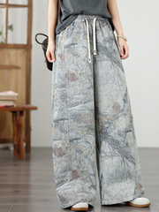 Women's Artful Wide-Leg Denim Cotton Pants with Elastic Drawstring Waist