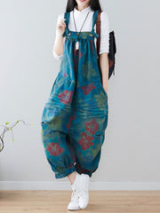 Watercolor Floral Denim Dingarees | Distresses Barrel-Leg Fit