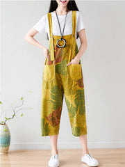 Tropical Leaf Print Cotton Overalls