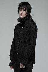 Black Gothic Long Sleeve Mesh Texture Fabric Lace Pleated Ruffle Tie Design Men's Shirt