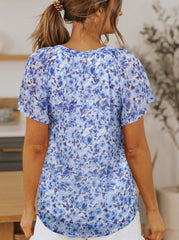 Blue Flutter Sleeve V Neck Floral Summer Blouse