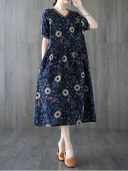 Beautiful summer floral cotton and linen Smock slim dress Women's Fit