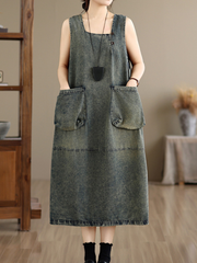 Artisan Denim Cotton Pinafore Midi Dress with Sculpted Pockets