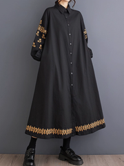 Embroidered Button-Front Shirt Dress with Lantern Sleeves, Chic and Elegant