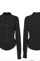 Black Lapel Collar Long Sleeves Lace-Up Slim Buckled Women's Gothic Blouse