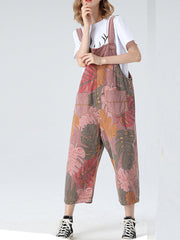 Tropical Leaf Cotton Dungarees - Ankle-Length Overalls