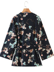 Short Kimono Floral Print Black Color Polyester Short Length Gown Robe Kimono