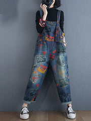 Postcard Print Denim Dungarees with Barrel Leg Shape