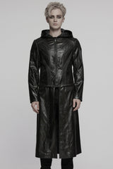 Black Long Sleeves Ruched Faux Leather Stitching Hooded Detachable Men's Punk Coat