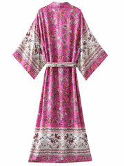 Plant Flowers Print Rose-Red Color Cotton Long Length Gown Kimono Duster Robe