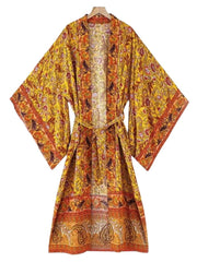 Nightwear Cotton Long Length Floral Print Yellow Color Gown Kimono Duster Robe