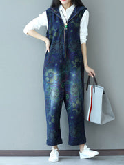 Abstract Floral Zip Dungarees - Sleeveless Rolled-Hem Fit