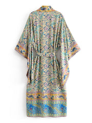 Women's Long Kimono Floral Print Green Color Cotton Viscose Long Length Gown Kimono Duster Robe