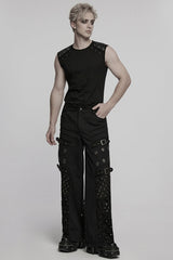 Black Eyelet Ripped Men's Punk Straight Pants