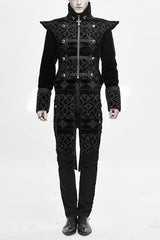 Black High Collar Chinese Palace Floral Pattern Velvet Long Mens Gothic Coat