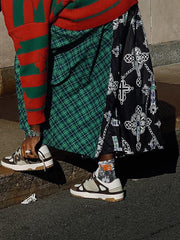 Black Cross Print Plaid Patchwork Wide-Leg Pants