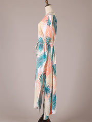 Picnic Partywear Leaf Print Beige Color Cotton Long Length Gown Kimono Duster Robe