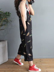 Feather Print Harem Dungarees - Adjustable Strap Relaxed Fit