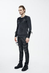 Black Faded Long Sleeves Lace Up Mens Punk T-Shirt