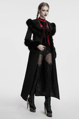 Black Long Sleeves Faux Fur Stitching Lace-Up Detachable Women's Gothic Coat