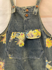 Sunflower Print Denim Dungarees - Utility Pocket Style