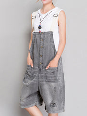 Distressed Grey Denim Romper - Button Front Style