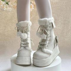 Beige Cute Platform Thick-Soled Bowknot Lace-Up Sweet Lolita Plush Boots