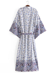 Nightwear Floral Print Green Color Cotton Long Length Gown Kimono Duster