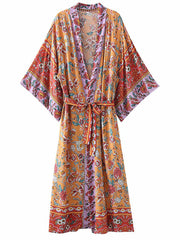Plant Flowers Print Orange Color Cotton Long Length Gown Kimono Duster Robe