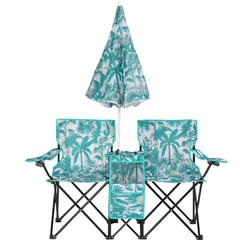 Folding Double Camp Chair with Removable Umbrella – Cup Holders, Cooler Bag & Carry Bag for Beach & Outdoors
