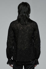 Black Gothic Long Sleeve Mesh Texture Fabric Lace Pleated Ruffle Tie Design Men's Shirt