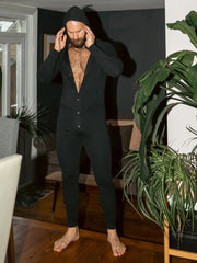 Black Hooded Button - Front Jumpsuit