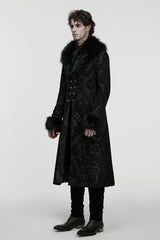 Black Fuax Fur Collar Long Sleeves Jacquard Zipper Men's Gothic Coat
