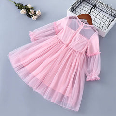 Humor Bear Girls Dress Spring Autumn Long Sleeve Cartoon Printed Princess Sweet Mesh Yarn Children Clothes