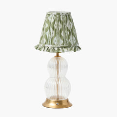 Glass Bardot Rechargeable Lamp with Olive Ikat Ruffle Shade (18cm)
