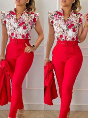 Elegant Women Two Piece Set Suits New Fashion Printed Ruffle Sleeve Top Solid Color Pants Set With Belt Blouses Female Clothing